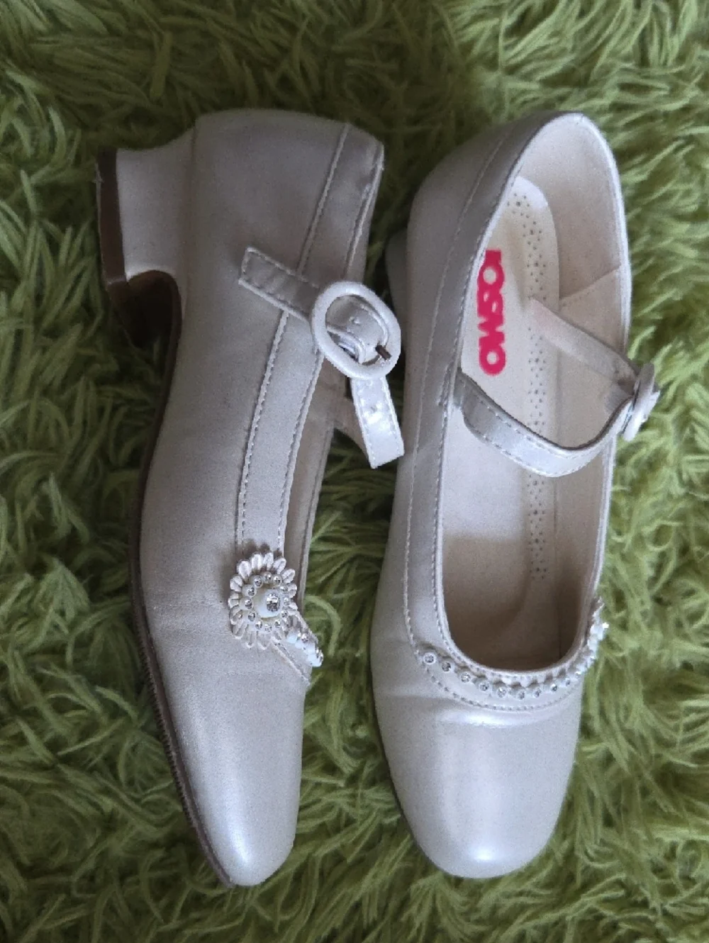 Josmo Pearlized Ivory‎ Girls Mary Jane Shoes with Rhinestone Strap